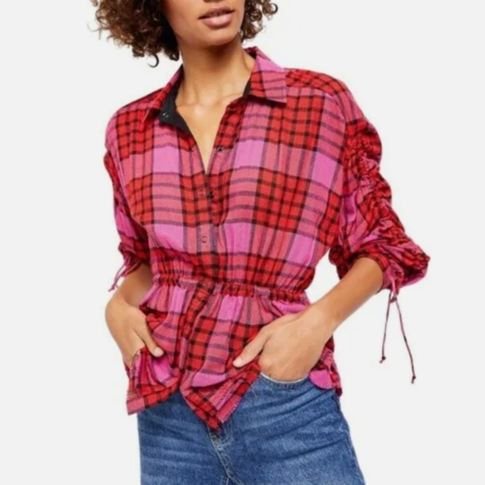 New Free People Red Combo Pacific Dawn Slouchy Boho Long Ruched Sleeve Shirt XS